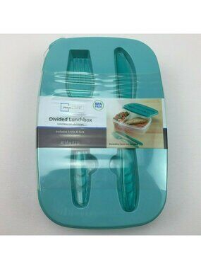 Divided Lunch Box Food Container Fork & Knife BPA Free Teal Lid Turquoise
